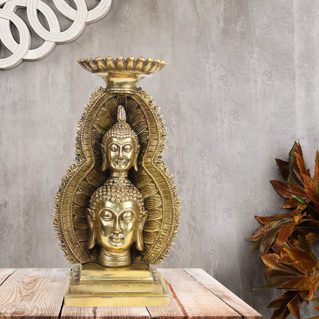 Artvarko™ Brass Double Head Buddha Under Cave Showpiece Tea Light Candle Holder Statue Murti for Home Decor Office Table Vastu Gift 12 Inches