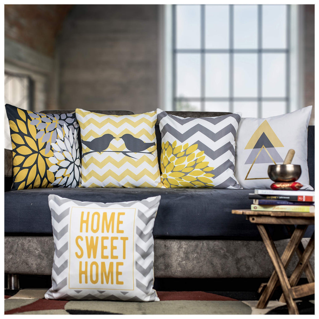Vendola Decorative Satin Sofa Cushion Covers Set of 5, 20 Inch x 20 inch, Sofa Pillow Cover, Yellow, White and Grey, Chevron Floral Design, Zipper Closure (Iris Yellow, 20X20 Inches)