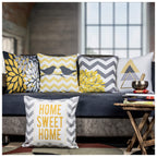 Vendola Decorative Satin Sofa Cushion Covers Set of 5, 20 Inch x 20 inch, Sofa Pillow Cover, Yellow, White and Grey, Chevron Floral Design, Zipper Closure (Iris Yellow, 20X20 Inches)