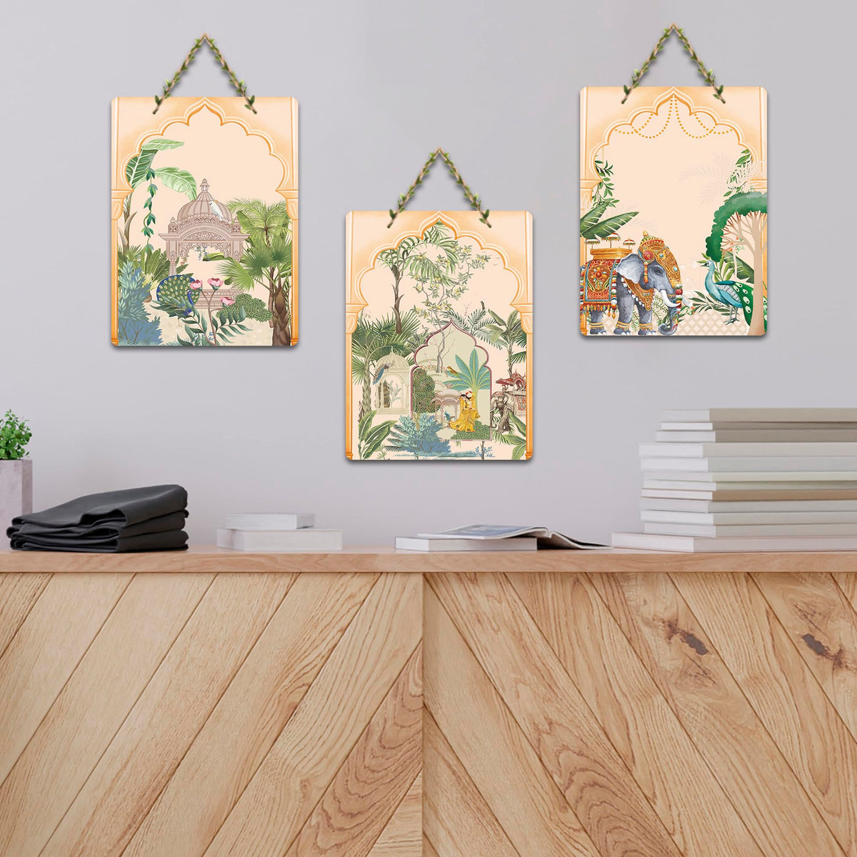 Artvibes Ancient Times Royal Art Wooden Wall Hanger for Home Decor | Room Decoration | Handcrafted | Wall Sculpture | Handcrafted Art | Unique Gift Items (WH_96137N), Set of 3