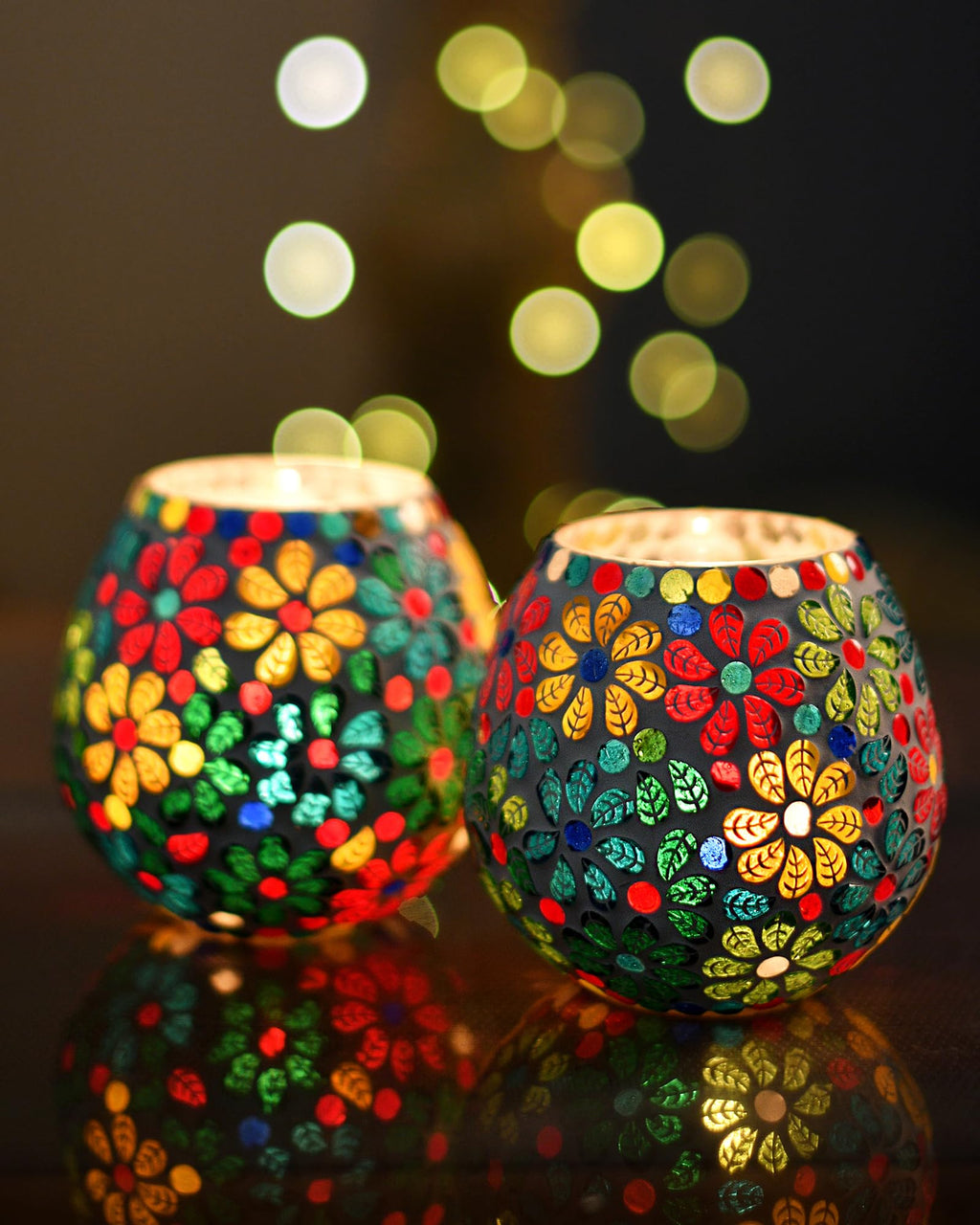 Homesake® Tealight Candle Holders for Home Decor, Mosaic Glass, Flowers, Decorations for Home, Item for Diwali Festival Home Decor Item