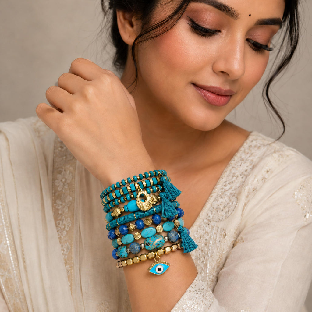 BOHENOOR Bohemian Multicolour Beads Bracelet Set for Women and Girls – Handmade Stackable Stretchable Boho Charm Bracelets for Stylish Looks (Aqua)