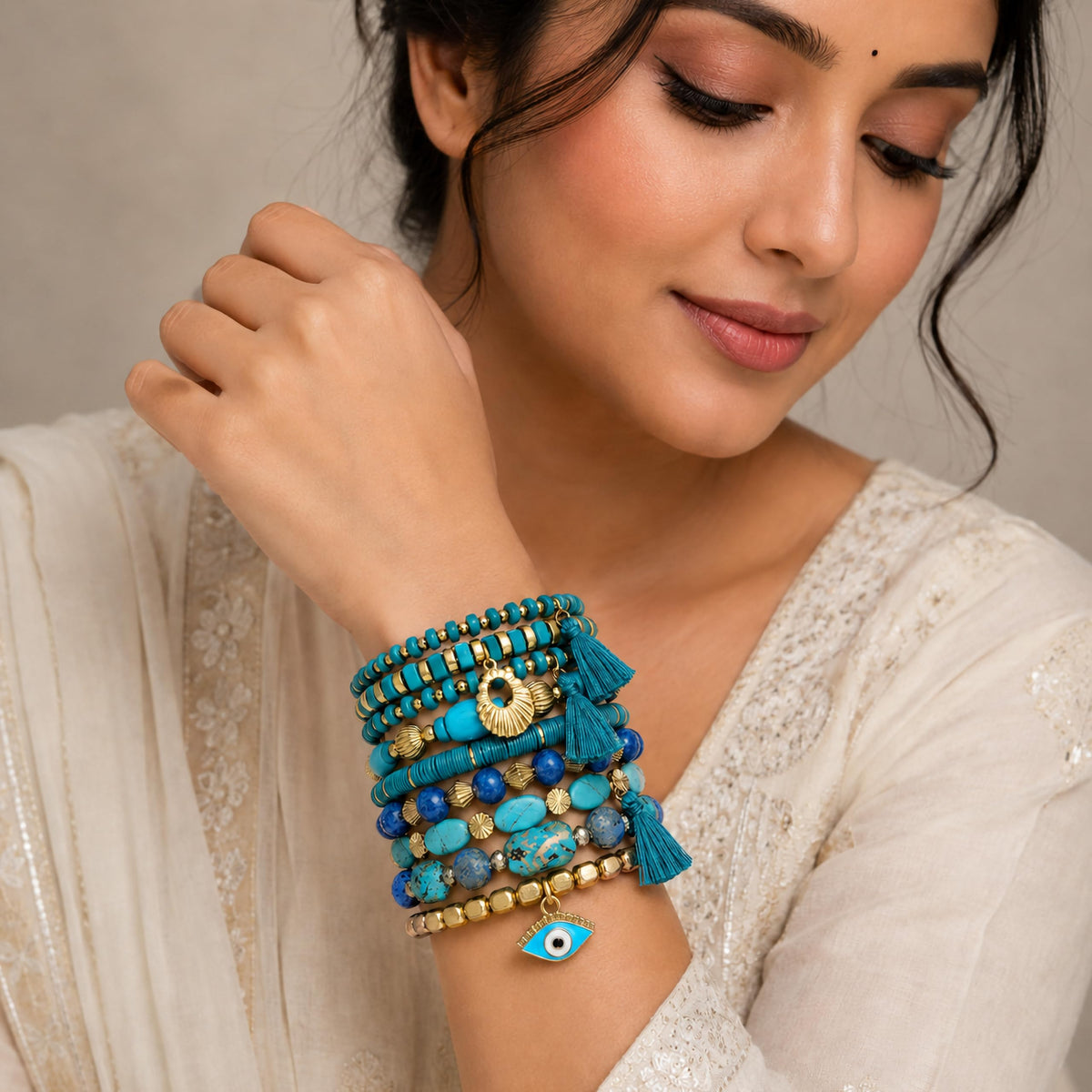 BOHENOOR Bohemian Multicolour Beads Bracelet Set for Women and Girls – Handmade Stackable Stretchable Boho Charm Bracelets for Stylish Looks (Aqua)