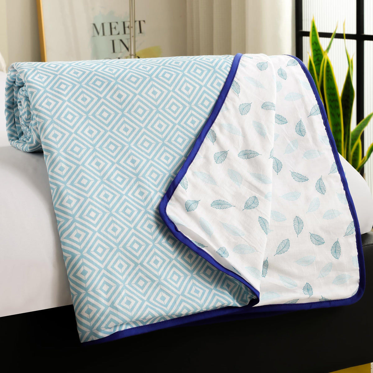 Story@Home Dohar Single Bed 100% Cotton AC Blanket for Summer | 144x 220CM, 150GSM Ac Comforter and AC Blanket for Summer | Sky Blue & White Leaf Pattern Reversible Duvet Quilt All-Season Blanket Kafalo