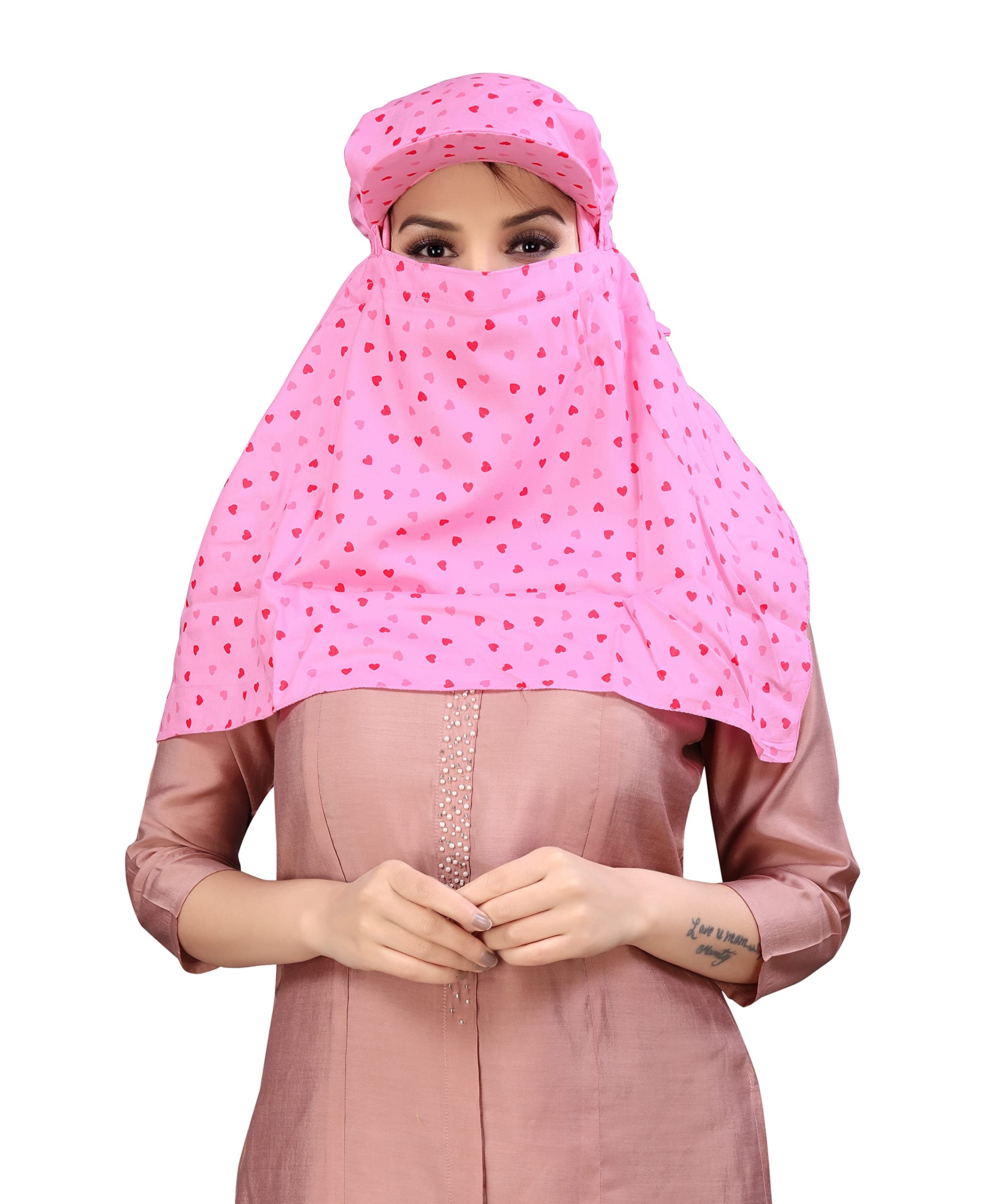 7 season's Cotton Short Scarf Cum Mask Universal Size/Usable for vehicle Driver for sunlight UV protection/Pink Printed Design (Cap_Pink Heart, Free)