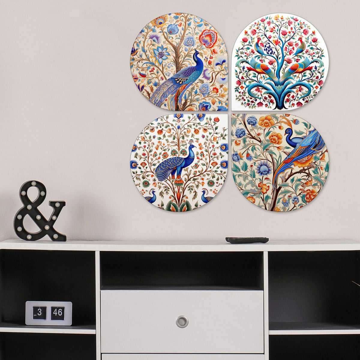 Artvibes Floral Peacock Decorative MDF Wooden Wall Art for Home | Wood Decorative Items | Modern Decoration | Artwork | Festive Decor | Wall Poster | Handcrafted Art | Unique Gift (WH_8434N), Set of 4