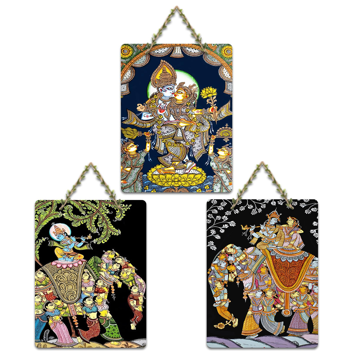 Artvibes Radha Krishna Madhubani Art Home Decorative Wall Hanging Ornaments | Wood Decorative Items | Modern Decoration | Festive Decor | Wall Illustrations | Gift Items (WH_96152N), Set of 3