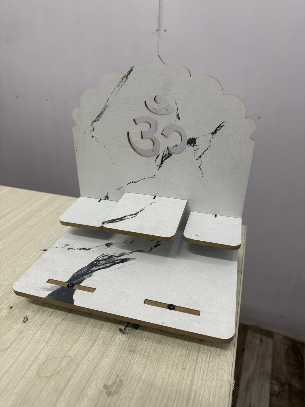 EXPRO Wooden Pooja Stand for Home & Office | Engineered Wood Singhasan for Idols | Wall Mounted & Tabletop Pooja Mandir with OM Design | DIY Small Temple for Living Room & Office (White)