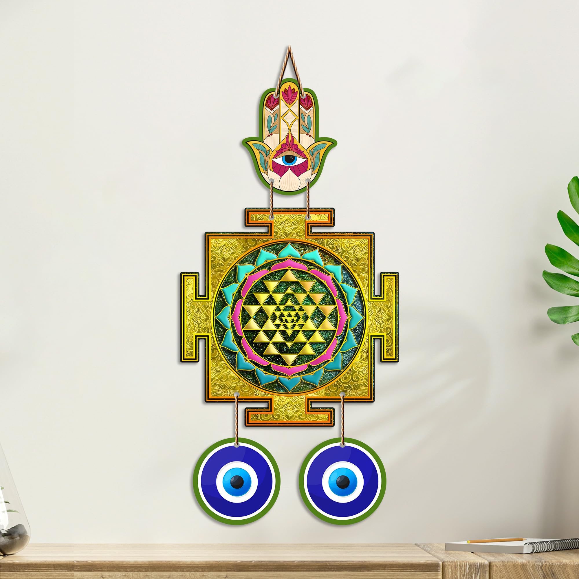 Artvibes Sri Yantra Evil Eye Wall Hanging for Home Entrance Door | Sacred Geometry Vastu Decor | Positive Energy Protection Ornament for Meditation Room | Office and Housewarming Gift (WH_85135N)