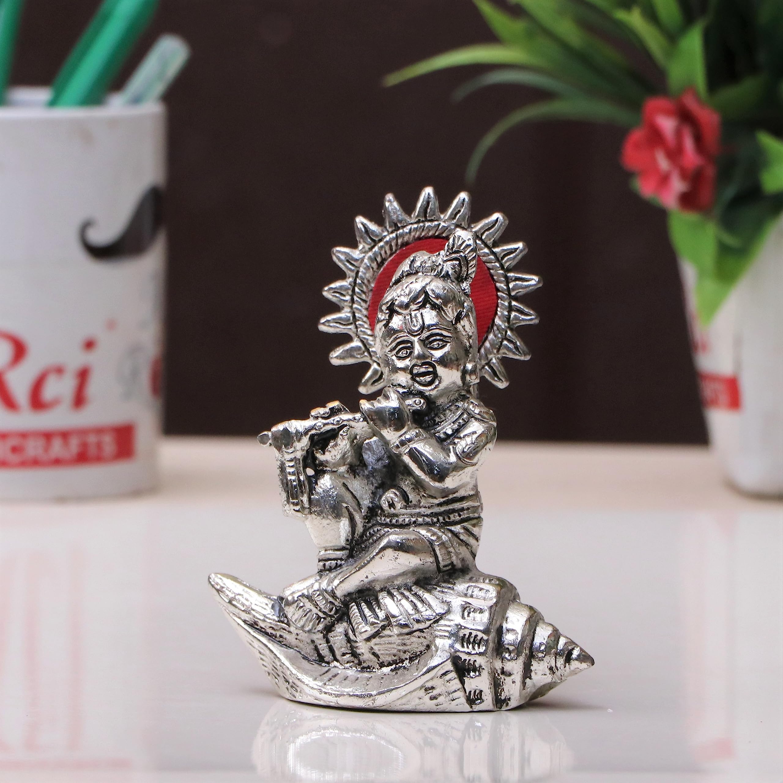 KridayKraft Lord Krishna On Shankh Metal Statue Bal Laddu Gopal Murti Playing Flute Decorative Showpiece for Pooja Room Home Office Decor Religious Idol Figurine for Study Table & Gifting Purpose