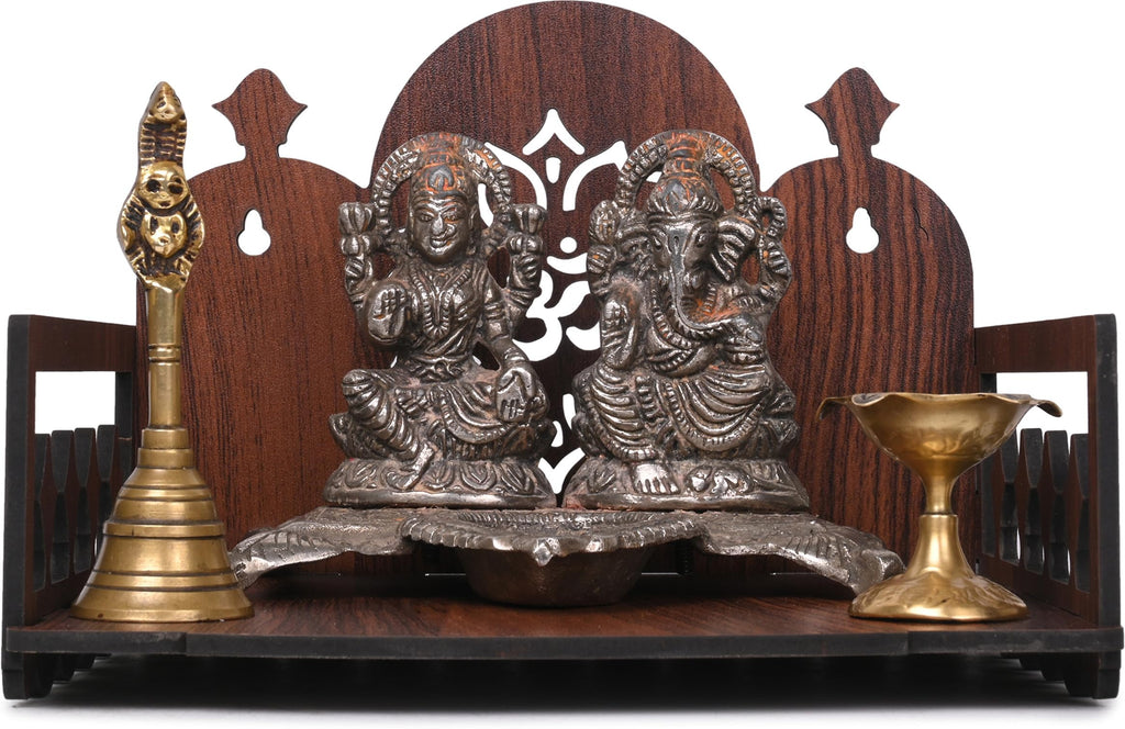 GOJEEVA KRAFT Engineered Wood Hand Crafted Carved Pattern Home Temple for Idols Temple for Home and Office I OM DEVGHAR Carved | Set Top Box Stand I Wooden Mandir (Pack of 1) (Medium)