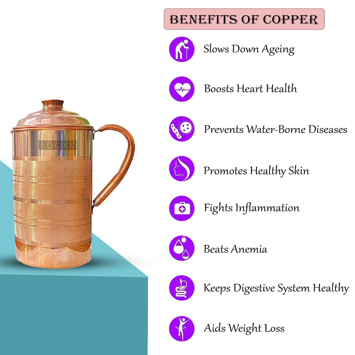 Adoko Pure Copper Water Jug 1.5 Litre with 2 Copper Glasses (300ml Each) | Ayurvedic Copper Pitcher Set for Drinking & Storage for Health & Wellness
