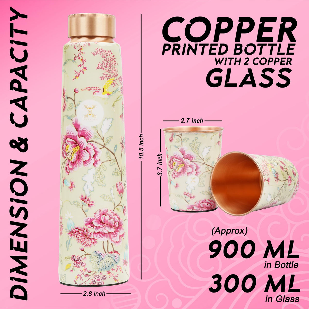 MERCAPE® Pure Copper Water Bottle Gift Set with 2 Copper Glasses (300 ml Each) | Meena Print Decorative Design | Leak Resistant Screw Cap | Reusable Copper Drinkware Set | 900 ml