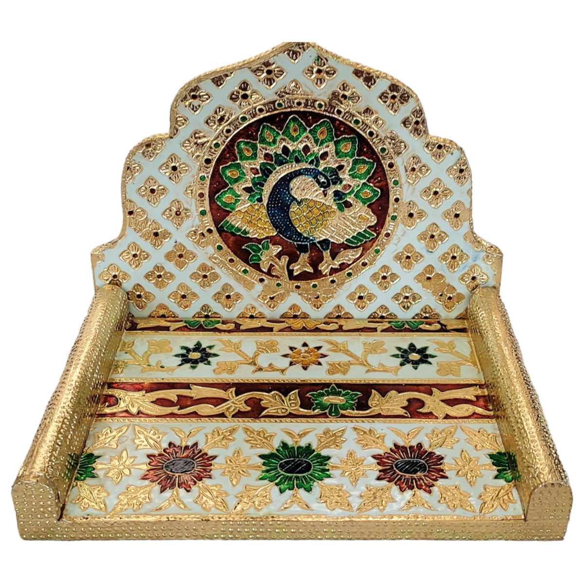 OPPILLA™ Wooden Hand Crafted Meenakari Laddu Gopal Folding Singhasan for Home Temple | Home Temple for God and Idols | Laddu Gopal Singhasan for Mandir Size :- 7 Inches X 9 Inches