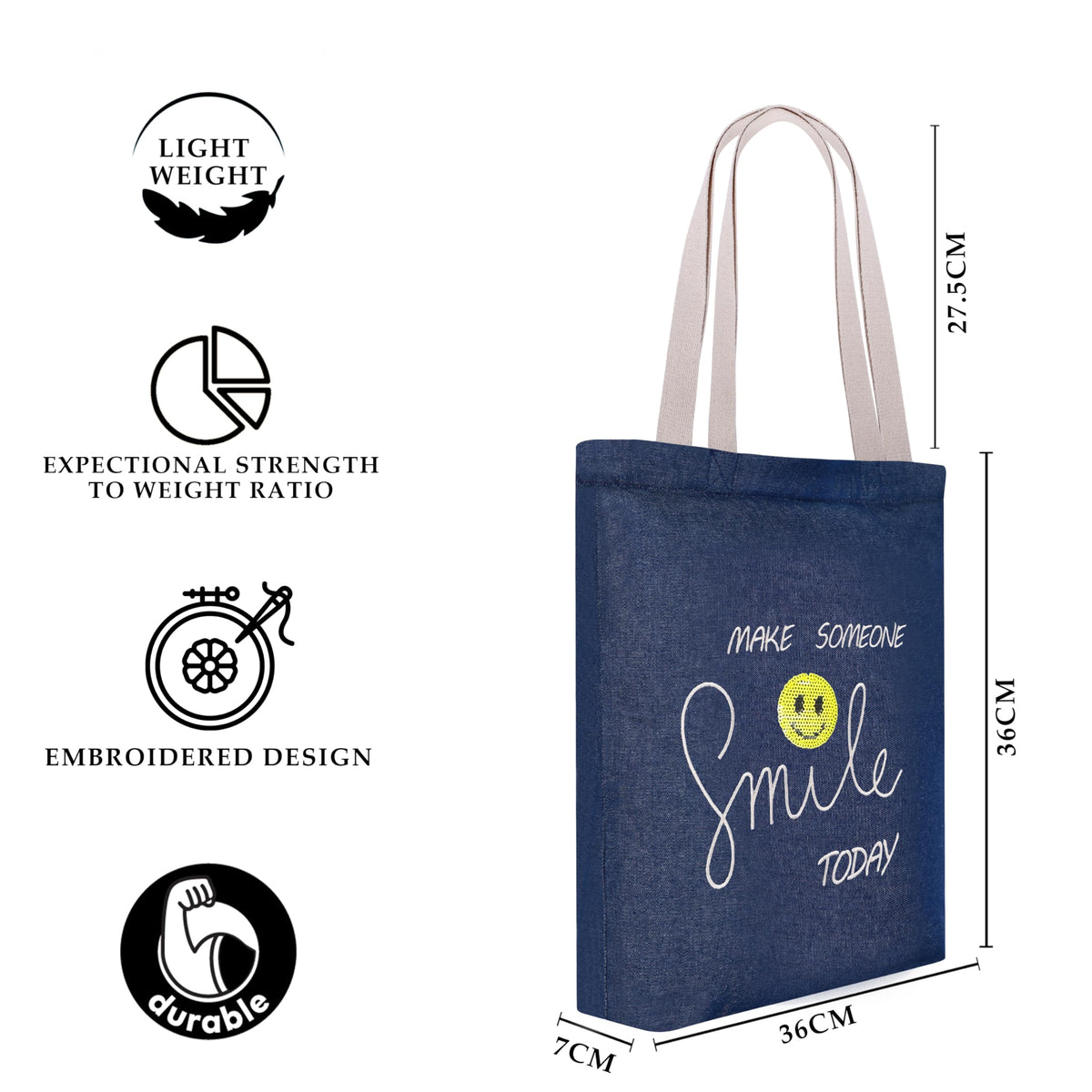 MASQ By Q-One Canvas Smile Embroidered Printed Tote Bags For Women With Zip, College Bag For Girls, 100% Organic Cotton Tote Bag For Traveling & Daily Use