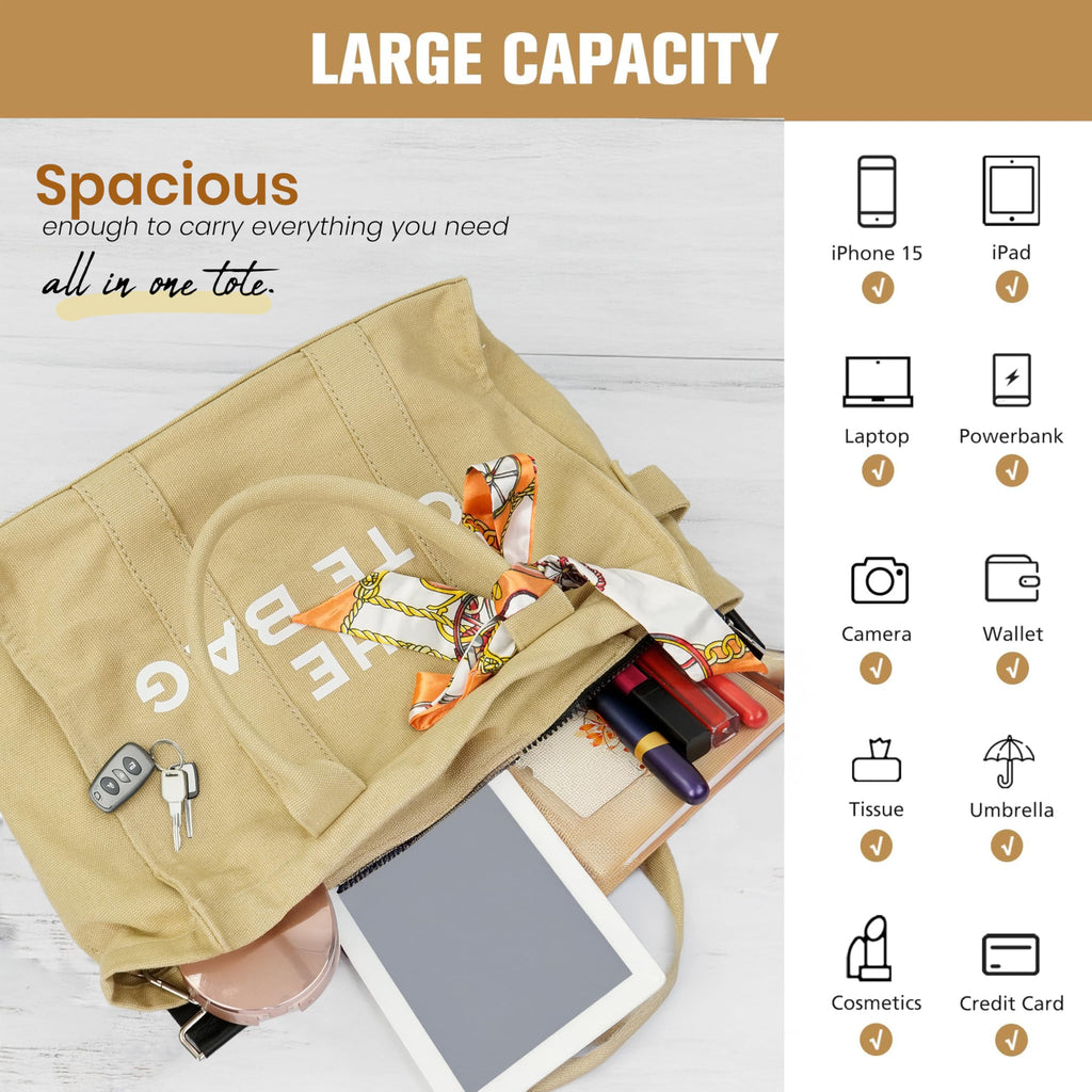 Storite Canvas Tote Bags for Women Large Capacity Shoulder Bag with Inner Pocket Everyday Handbags for Office, College and Travel - Beige