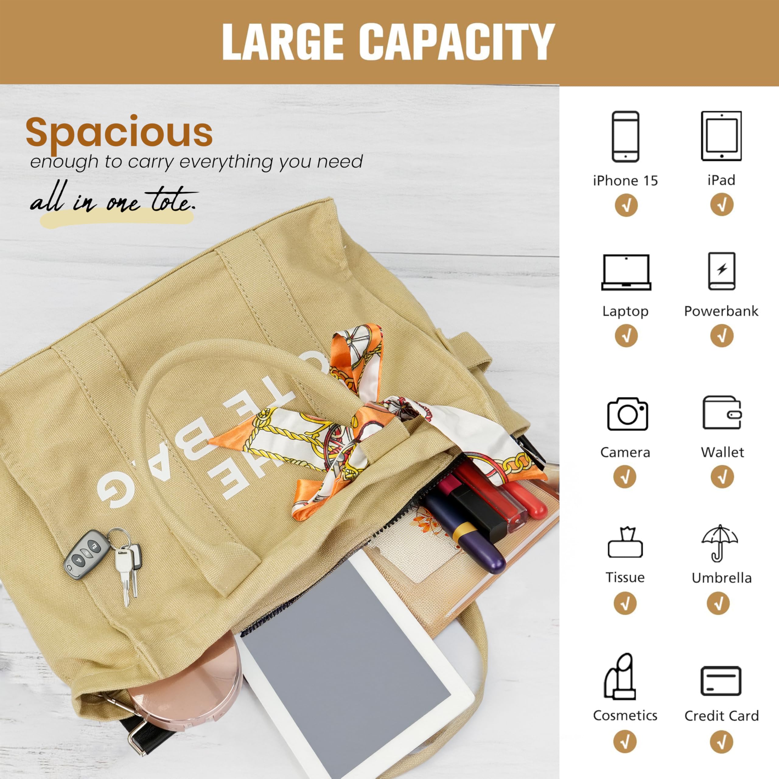 Storite Canvas Tote Bags for Women Large Capacity Shoulder Bag with Inner Pocket Everyday Handbags for Office, College and Travel - Beige