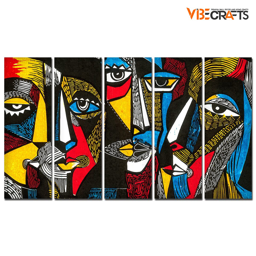 VIBECRAFTS Colorful Abstract Faces 5 Pieces Premium Wall Painting For Home|Office|Living Room|Gift (PTVC5Pcs4_8501)