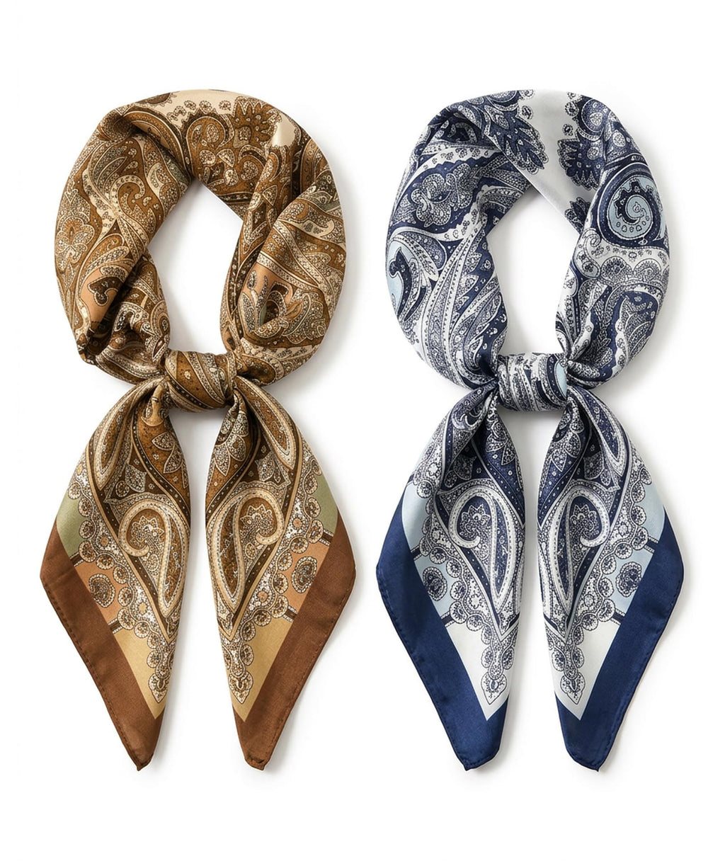 NHCDFA 2PCS Scarf for Women Stylish Bandanas for Women, Versatile Fashion Accessory for Daily Styling and Special Occasions, Set of 2 Retro Print Square Scarves in Caramel and Navy Blue