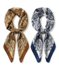 NHCDFA 2PCS Scarf for Women Stylish Bandanas for Women, Versatile Fashion Accessory for Daily Styling and Special Occasions, Set of 2 Retro Print Square Scarves in Caramel and Navy Blue