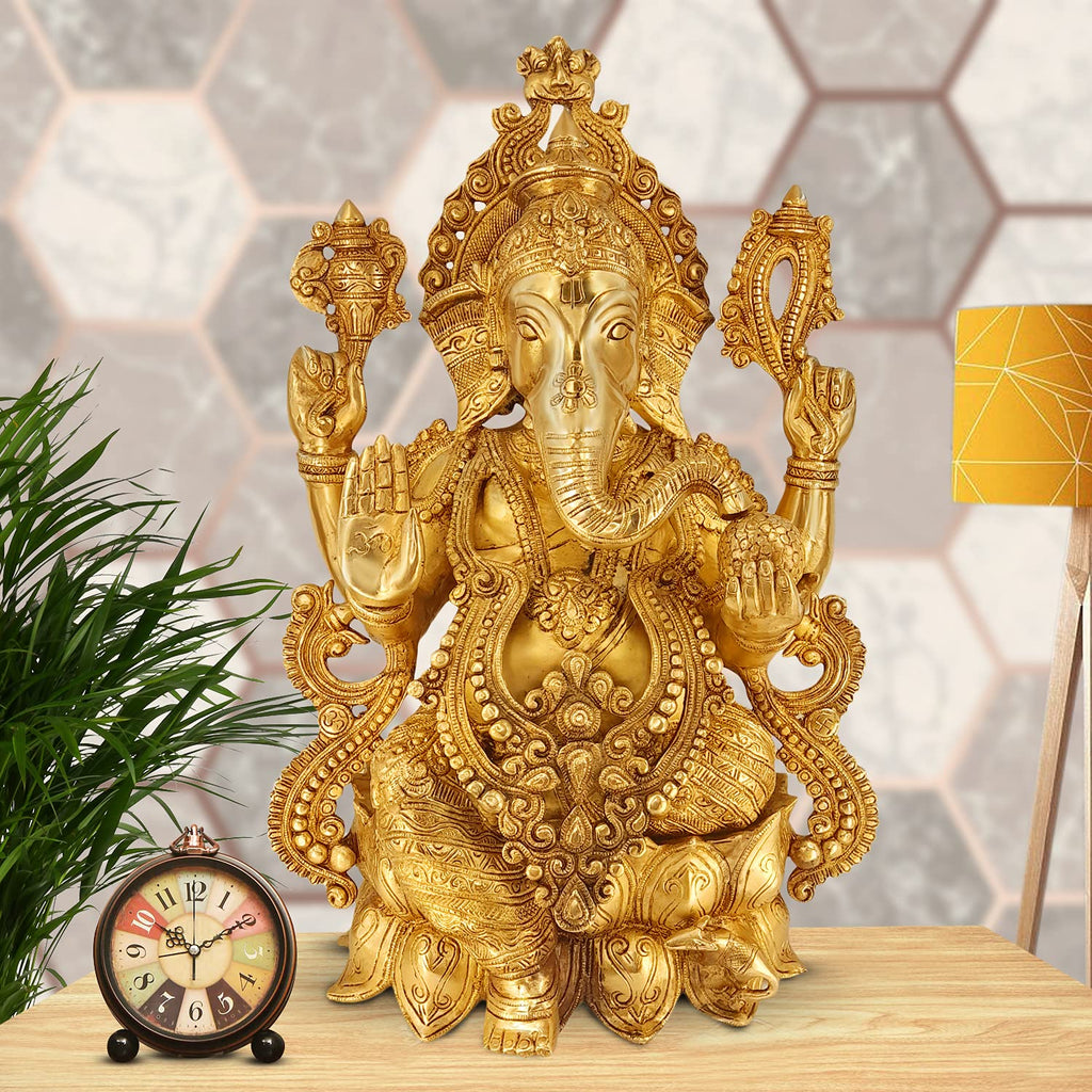 ARTVARKO Big Brass Ganesha Idol Sitting On Lotus Bhagwan Mangalkari Ganesh Statue Ganpati Murti for Home Entrance Decor Diwali Gift Height 21 Inches