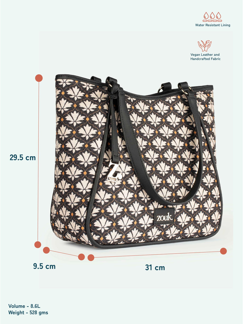 ZOUK Naisha Black & White Motif Tote Bag for Women | Vegan Leather Large Shoulder Handbag with Bottle Holder, Multiple Pockets & Water-Resistant Lining | Office, Travel & Daily Use | Bidri Kaiser