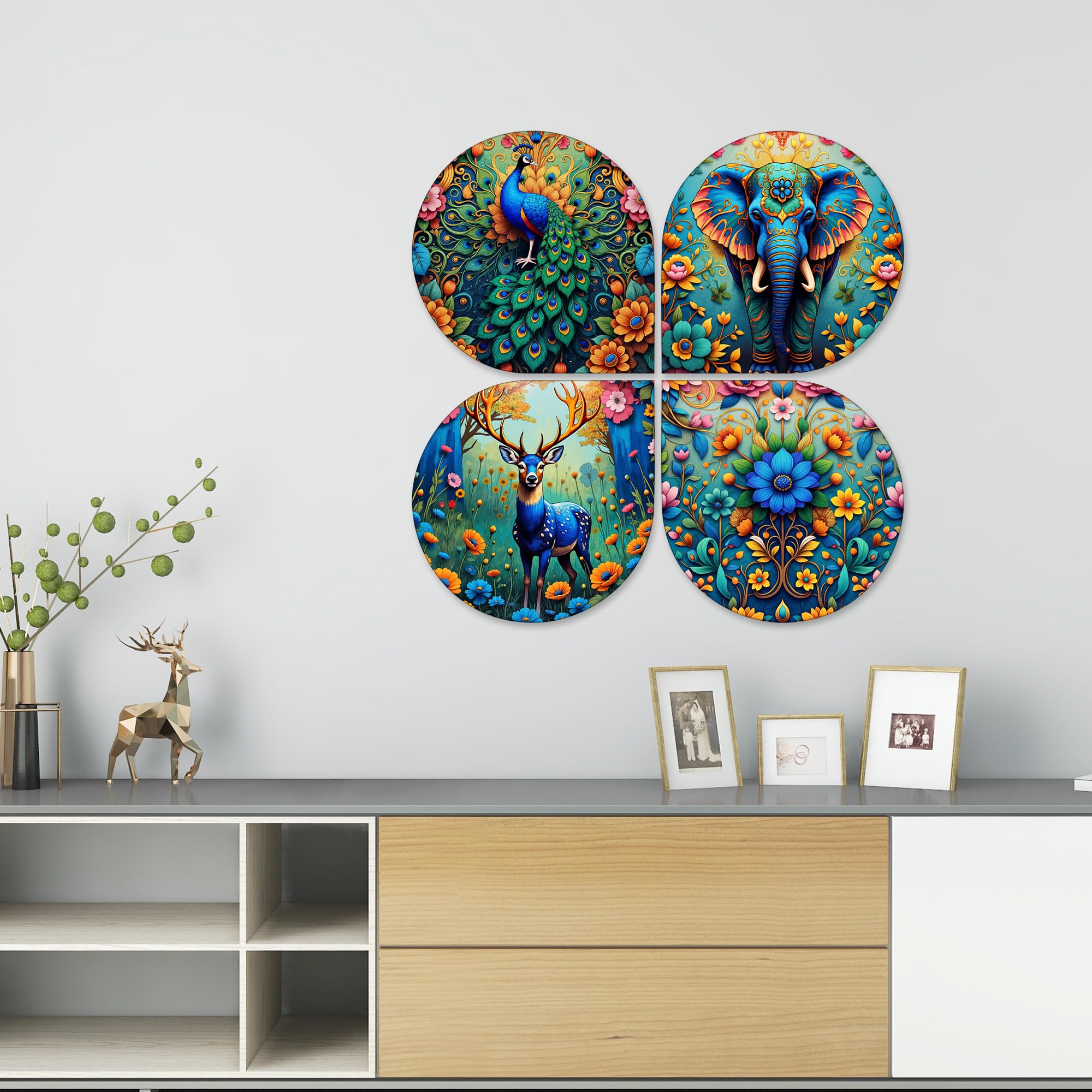 Artvibes Nature Wooden Art Decoration Item for Home | Handcrafted Art | Decoration Wall Hanging Items | Wall Sculpture | Wall Art Print | Paintings For Wall | Unique Gift Items (WH_8425N), Set of 4