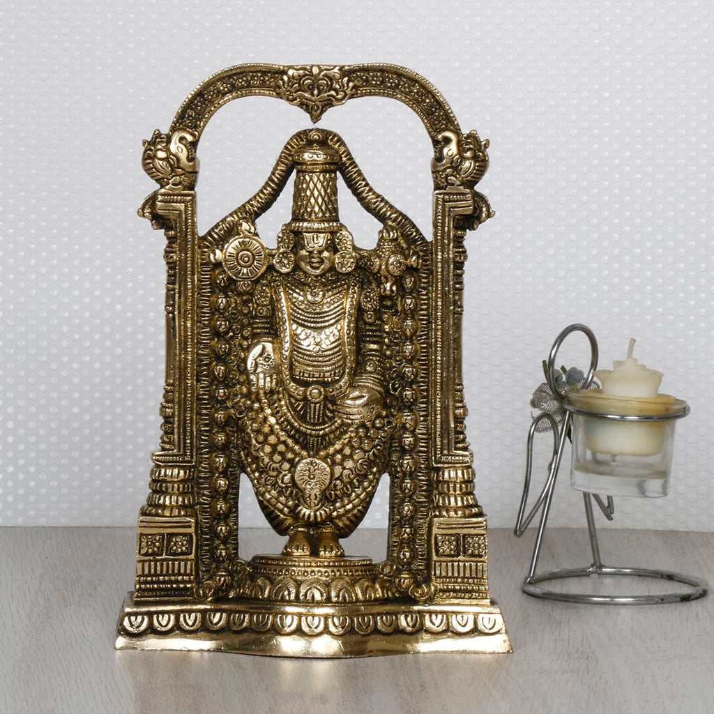 ARTVARKO Brass Tirupati Balaji Venkateshwara Idol Vishnu Chakra Namah Shankh Statue Murti Lord Srinivasa Pooja Vastu Religious Idol for Home Office Temple Decor Gift 8 Inch