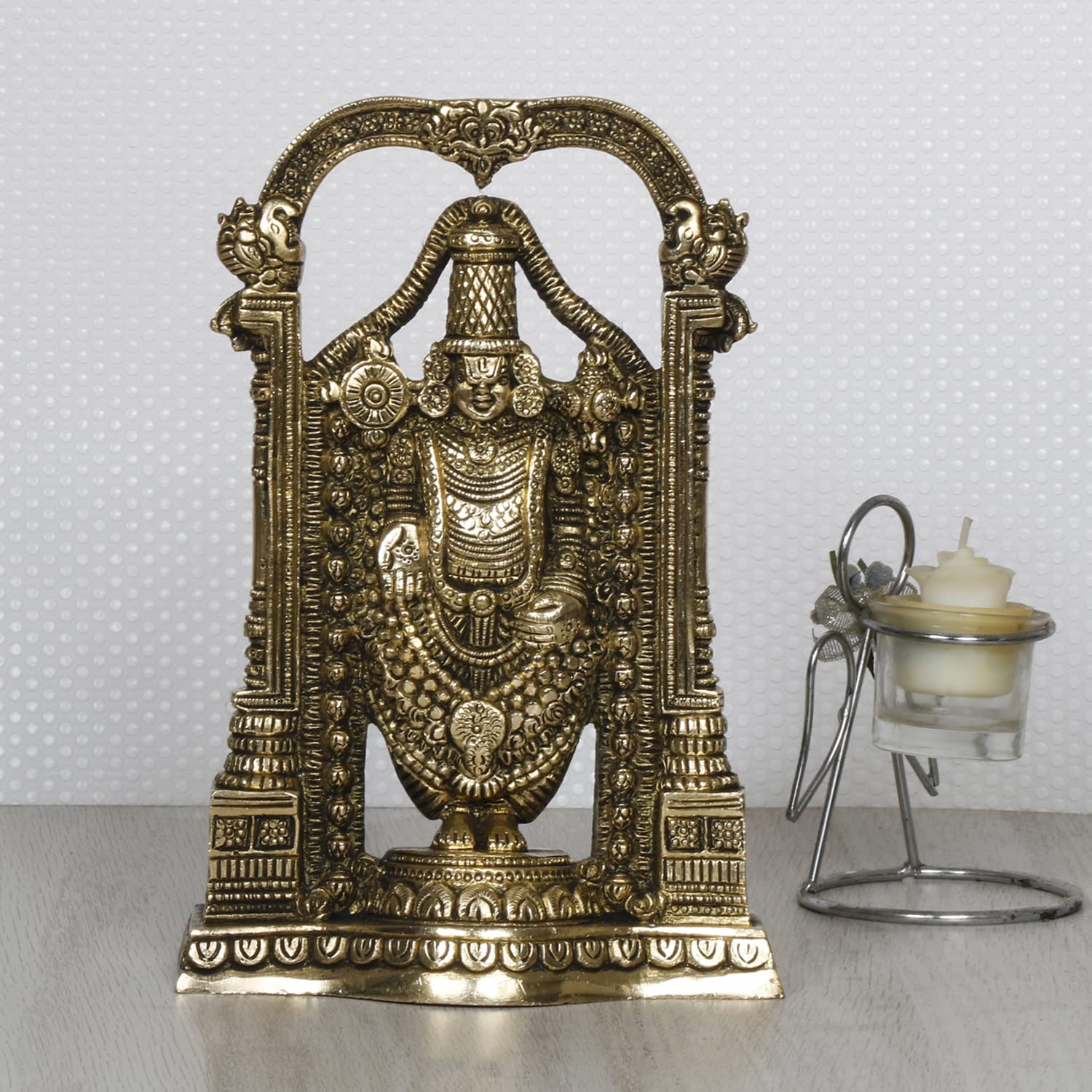ARTVARKO Brass Tirupati Balaji Venkateshwara Idol Vishnu Chakra Namah Shankh Statue Murti Lord Srinivasa Pooja Vastu Religious Idol for Home Office Temple Decor Gift 8 Inch