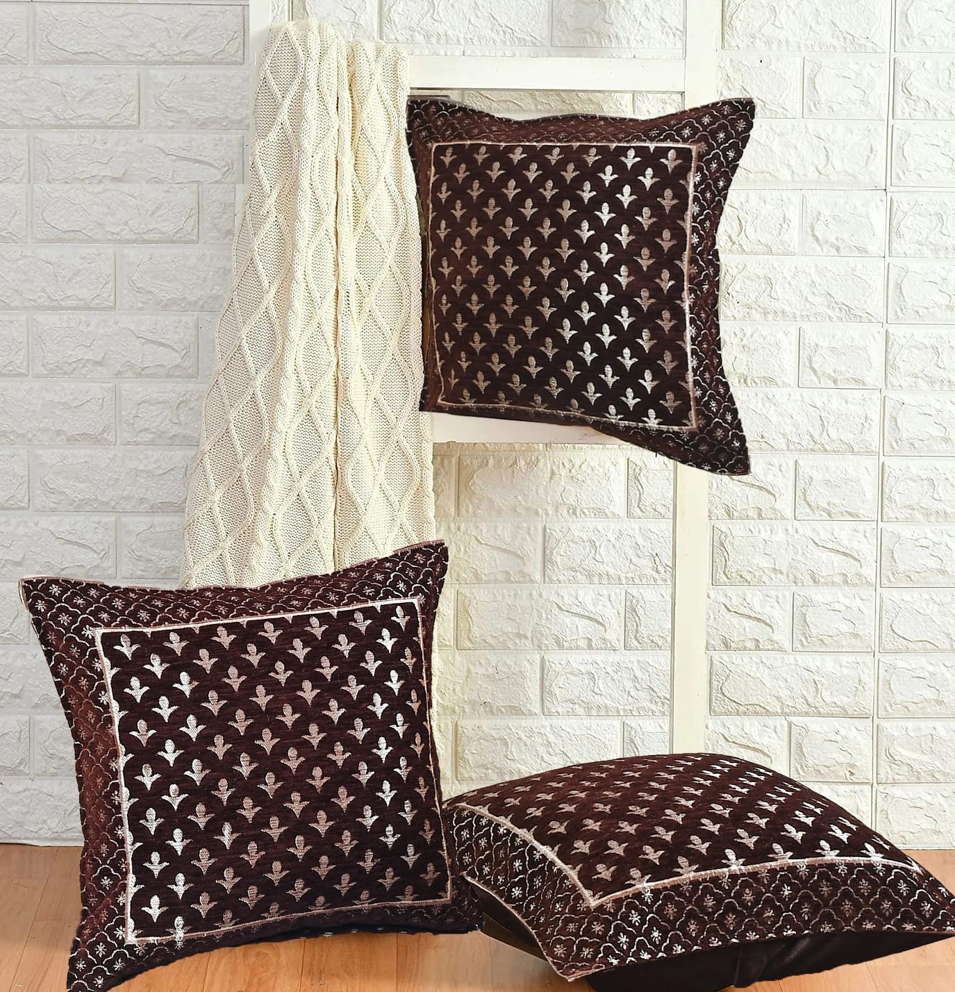 DECOMIZER Jacquard Geomteric Cushion Covers 24 inch x 24 inch Set of 3 Ethnic Motifs Cushion Covers,Design- Star,Color- Coffee-240 TC