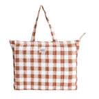 HOUSE OF ORLO: Pinteresty QUILTED 100% Cotton Checked Tote Bags with Zipper for Women - For College, Travel, Work and Daily Use -Small, Mocha Mousse