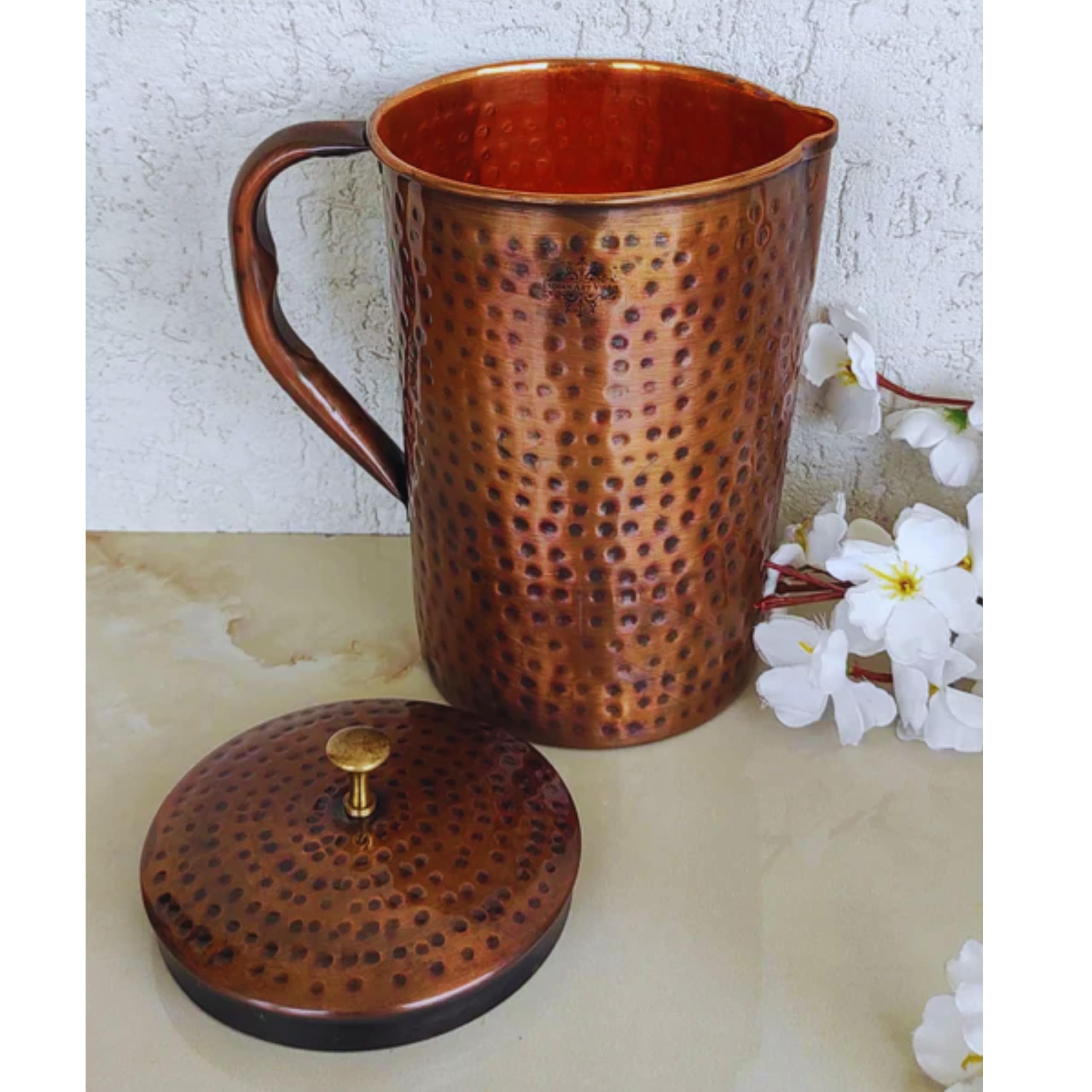 Indian Art Villa Copper Jug Pitcher with Hammered Design - Antique Dark Tone - 1500 ML - Storage & Serving Water for Yoga Ayurveda Healing