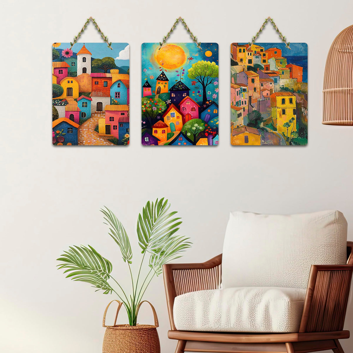 Artvibes Magical Sunset Coastal Village View Art Decorative Wall Art MDF Wooden Wall Hanger for Living Room | Home Decor | Wall Accent | Wall Illustrations | Art Print | Gift Item (WH_9622N), Set of 3