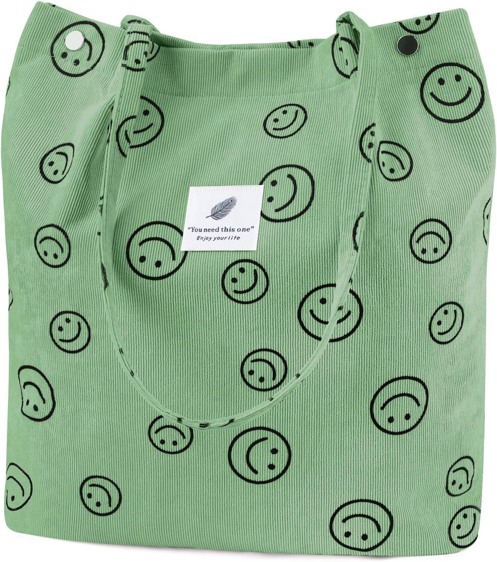 Kawn Women Corduroy Canvas Tote Bag Shoulder Purse Reusable Shopping Bag Grocery Bag Large Capacity Washable Handbag Girls Shoulder Bag With Inner Pocket For Daily Use (Smiley Pea Green)