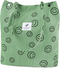 Kawn Women Corduroy Canvas Tote Bag Shoulder Purse Reusable Shopping Bag Grocery Bag Large Capacity Washable Handbag Girls Shoulder Bag With Inner Pocket For Daily Use (Smiley Pea Green)