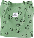 Kawn Women Corduroy Canvas Tote Bag Shoulder Purse Reusable Shopping Bag Grocery Bag Large Capacity Washable Handbag Girls Shoulder Bag With Inner Pocket For Daily Use (Smiley Pea Green)