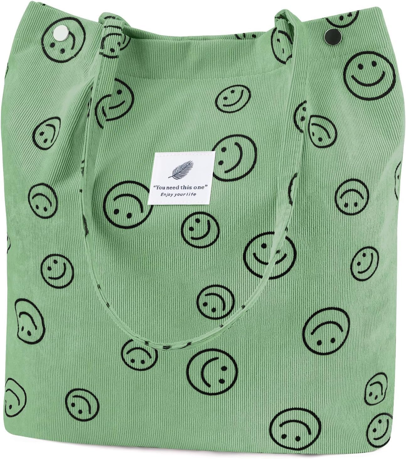 Kawn Women Corduroy Canvas Tote Bag Shoulder Purse Reusable Shopping Bag Grocery Bag Large Capacity Washable Handbag Girls Shoulder Bag With Inner Pocket For Daily Use (Smiley Pea Green)