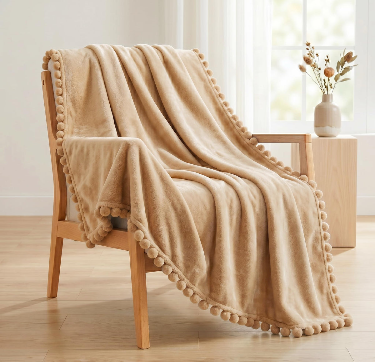 VAS COLLECTIONS Premium Plush Fleece Blanket 250 GSM | Ultra Soft Lightweight Cozy Throw with Pom-Pom Trim | Multipurpose for Bed, Sofa, Couch, Travel & Camping | 152x114 cm (60x45 Inches), Beige Kafalo
