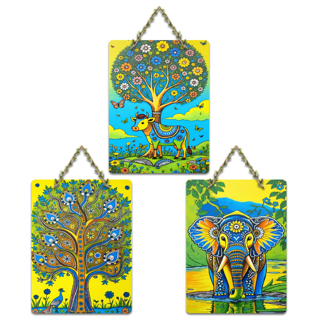 Artvibes Elegant Elephant & Cow Decorative Wall Art MDF Wooden Wall Hanger for Home | Aesthetic Wooden Decor | Graphic Artwork | Wall Illustrations | Sceneries | Unique Gift Items (WH_9674N), Set of 3