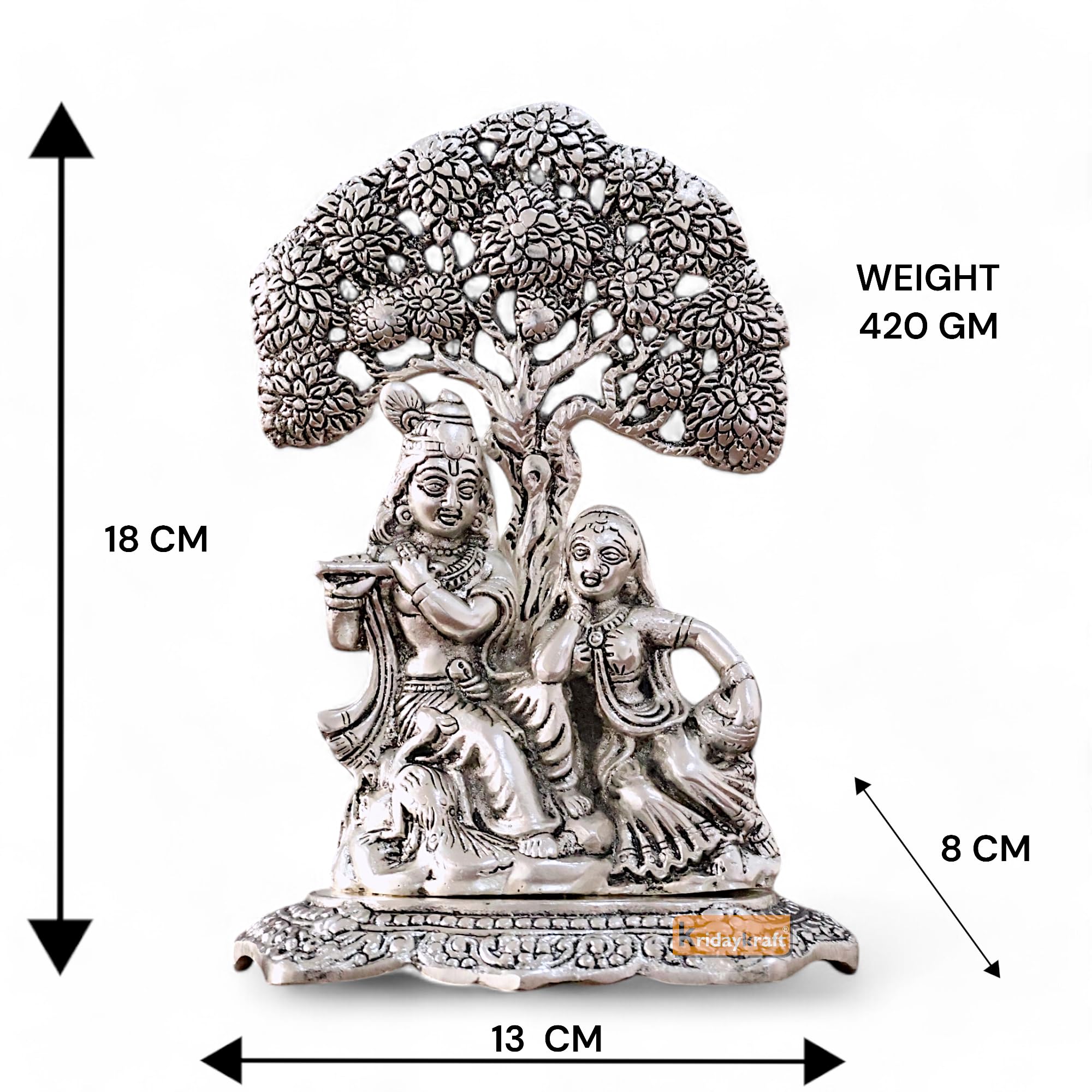 KridayKraft Metal Radha Krishna Idol with Under Tree Decorative Showpiece Statue for Puja Room Home Office Desk Gift Items Ornate Metal Sculpture of Hindu Deities, 18 cm Height Silver