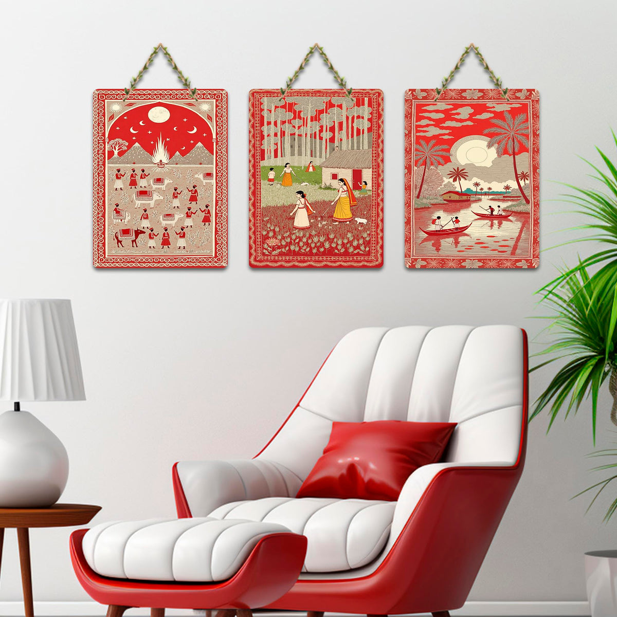 Artvibes Cultural Folk Life Wooden Wall Hanger for Home Decor | Festive Decor Art | Decoration Wall Hanging Items | Wall Sculpture | Wall Poster | Aesthetic Wall Art | Ideal Gift (WH_9673N), Set of 3