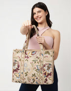 MITTICO Quilted Cotton Tote Bag – Handmade Large Travel Shoulder Bag with Zipper & Pockets – Lightweight, Durable & Stylish for Daily Use (Beige Botanica)