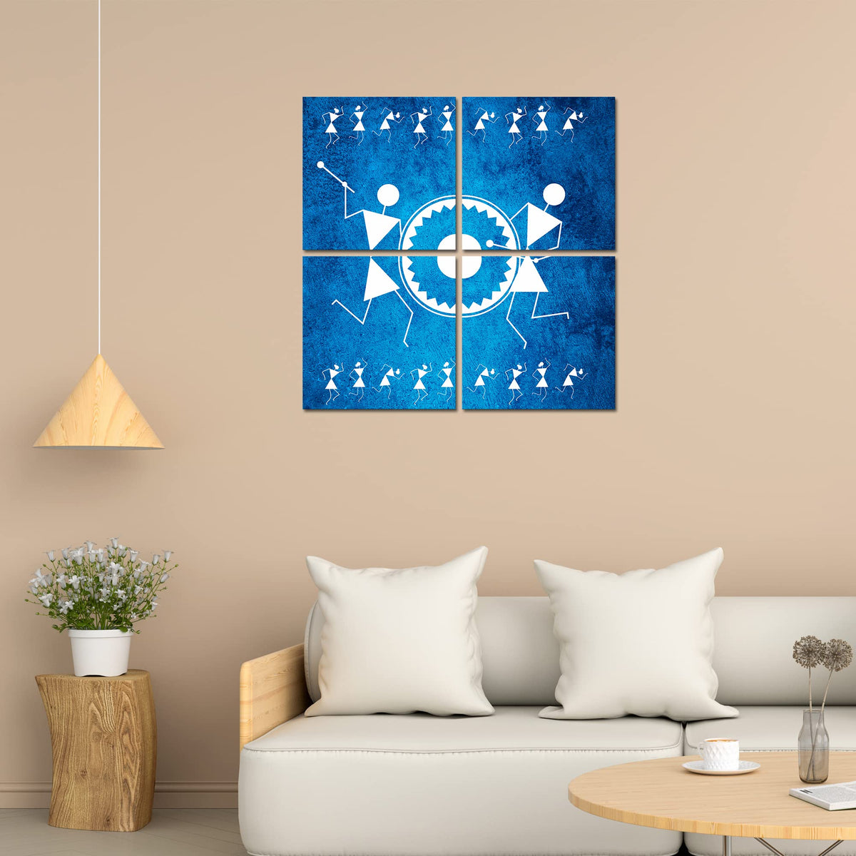 VIBECRAFTS Indian Tribal Warli Art 4 Pieces Canvas Wall Hanging Painting Fitted With Wooden Frame For Home | Office | Living Room | Gifts (PTVC4Pcs5_16604)