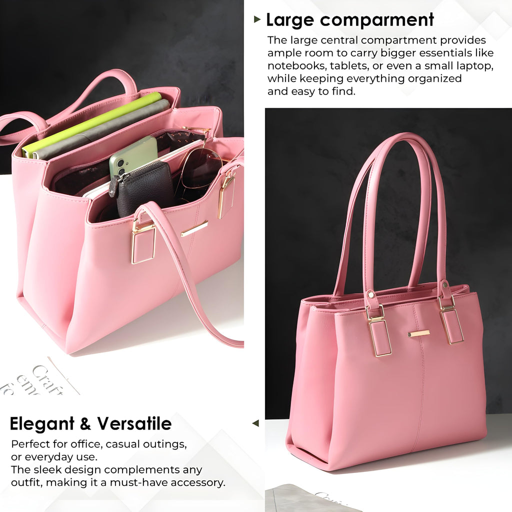 EMPOLUXE Women's Handbag – PU Leather Structured Tote with Dual Handles | Spacious Shoulder Bag for Office, College & Daily Use | Fits A4 Files | Pink