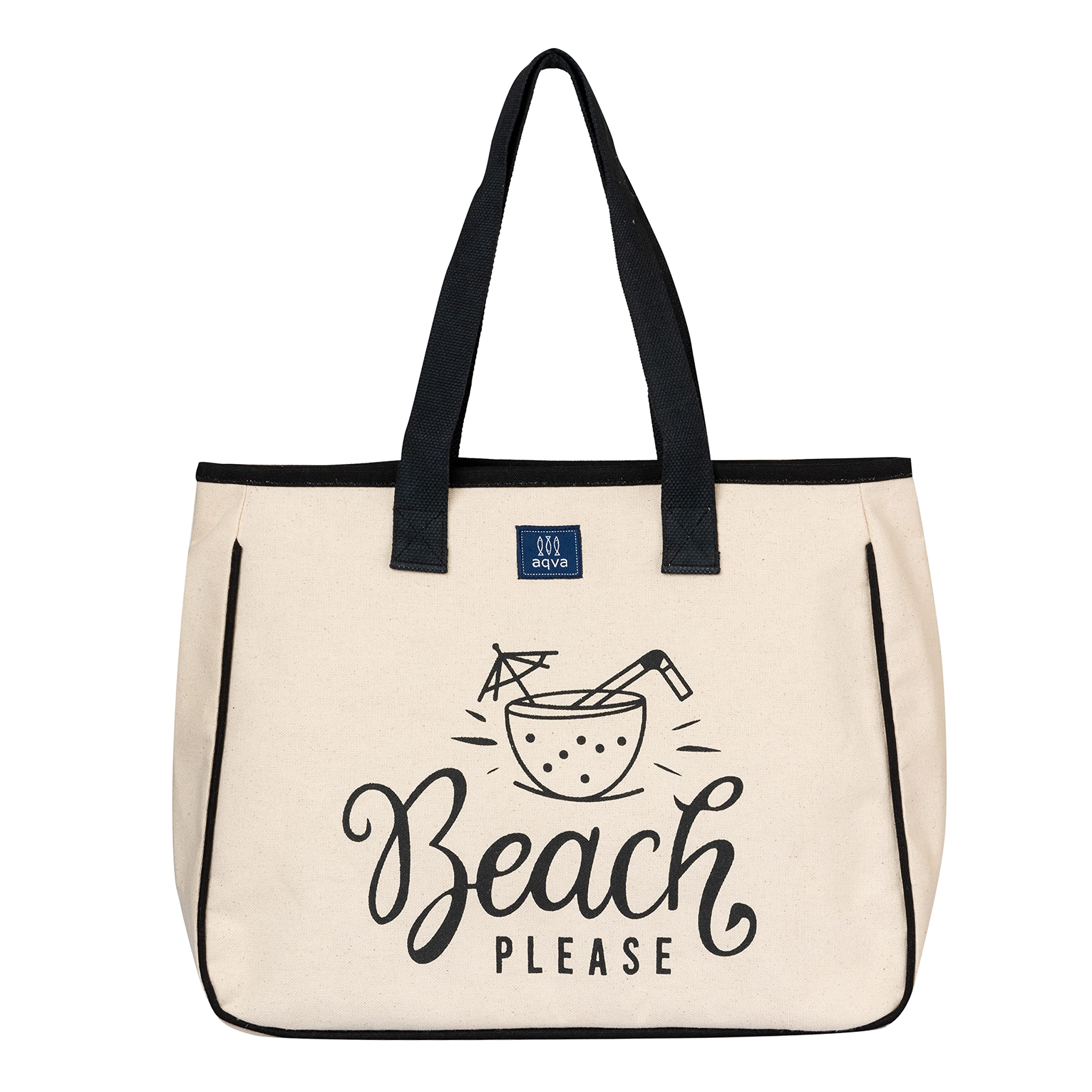 AQVA Women & Men Cotton Tote Bag | Black and White Collection Printed Handbag Shoulder Bag with Zipper and Inner Zip Pocket for Grocery, Shopping, Travel, Work, Beach Lunch (16 X 12.5 X 5_Beach)