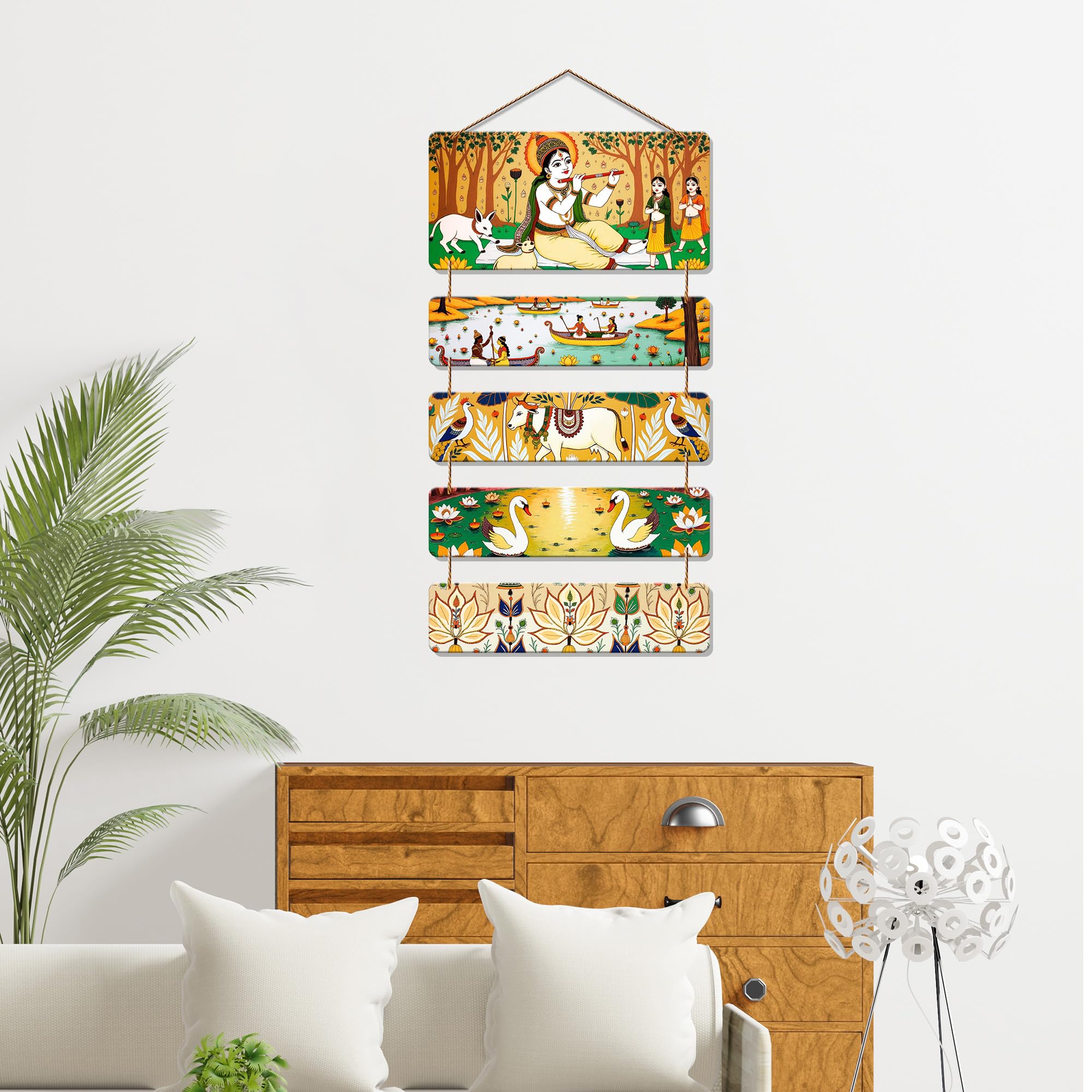 Artvibes Shri Krishna & Village Scene Folk Art Wall And Door Hanging for Home | Spiritual Decor Items | Graphic Art | Wall Illustrations | Artwork| Stylish Modern Decor Item | Gift Items (WH_6732N)