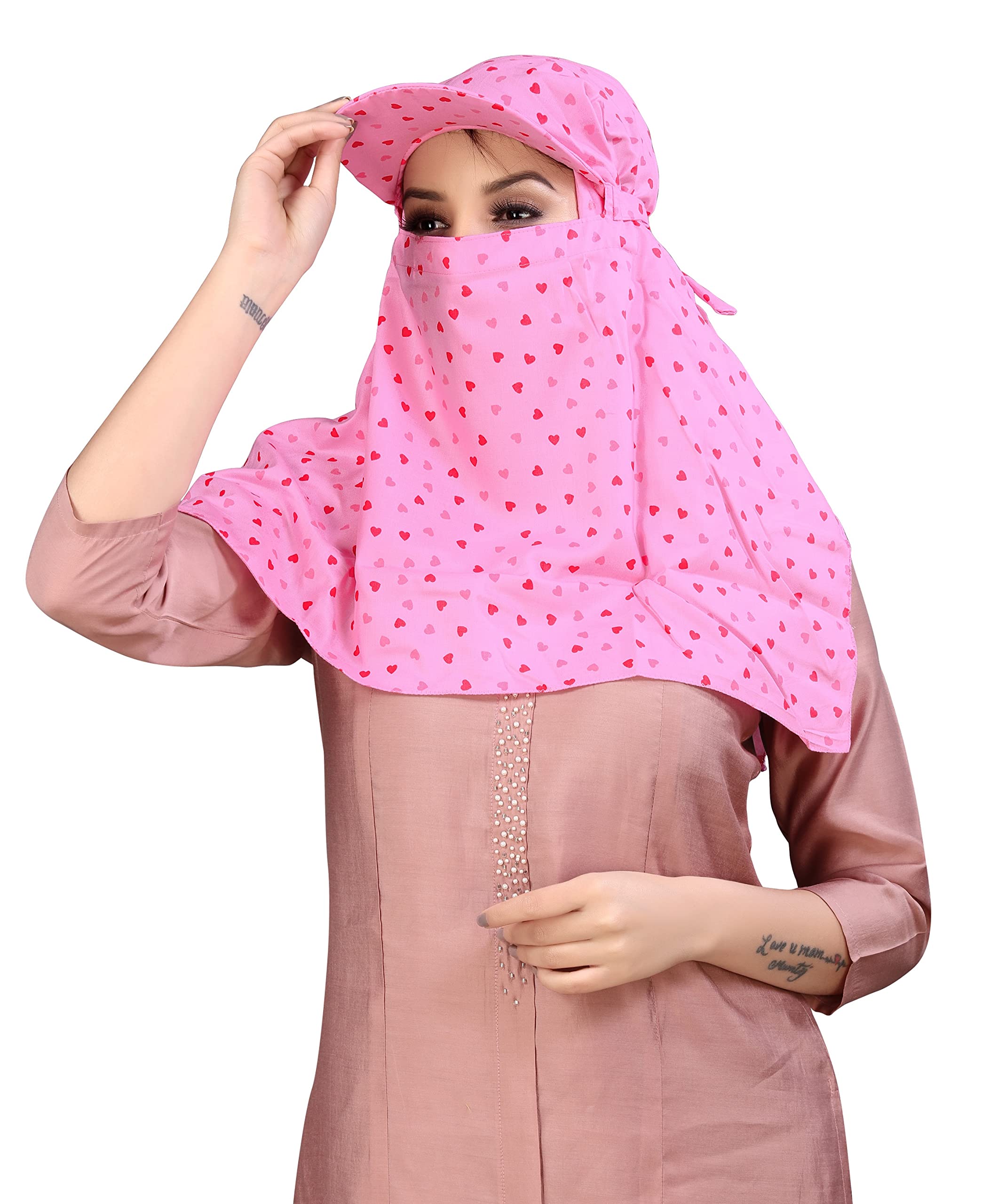 TESY QWEN Women's Scarf Cum Mask with Cap, Rayon Multi-Functional Neck Gaiter with UV Protection for Biking, Hiking and Travel (Pink_Heart)