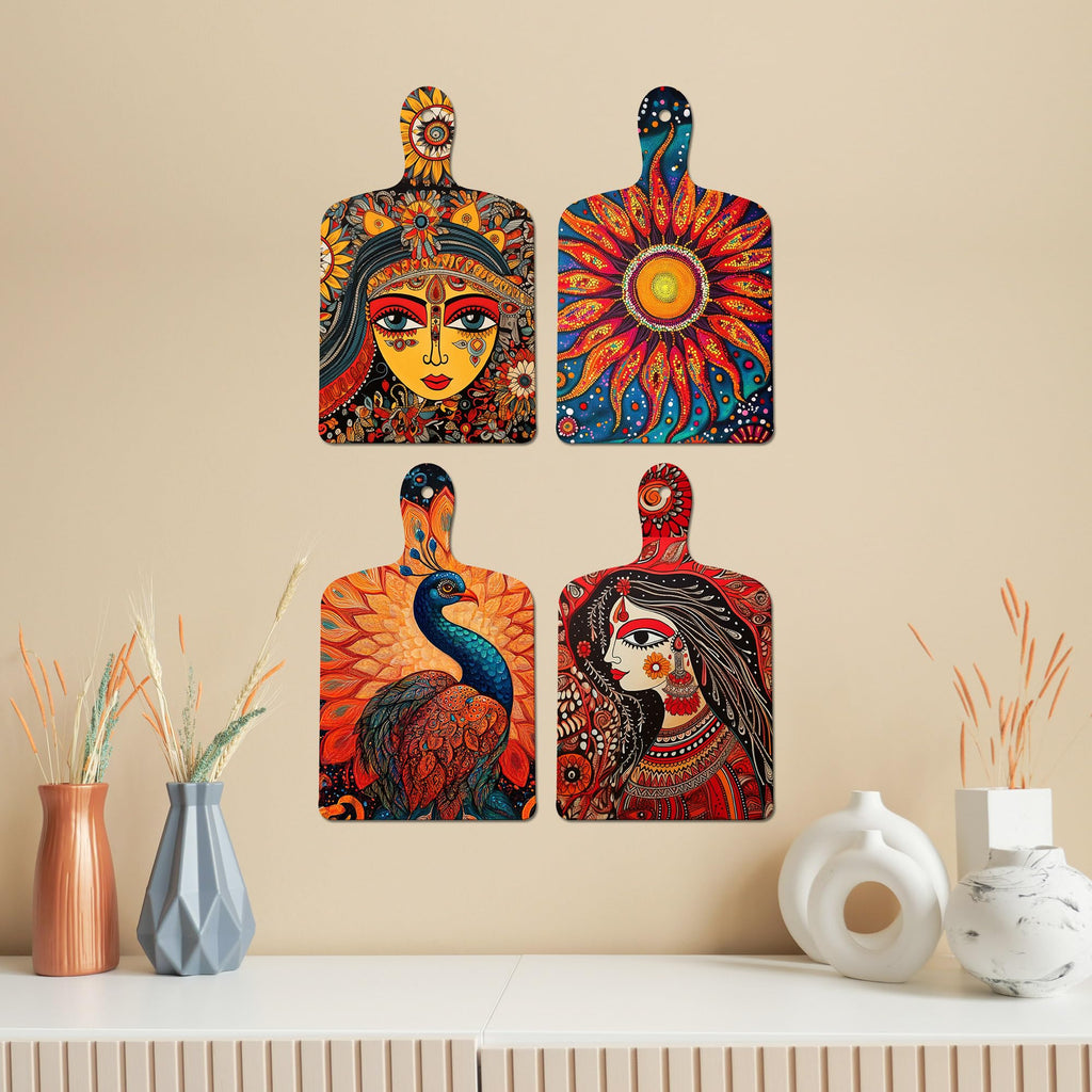 Artvibes Women Sun & Peacock Traditional Madhubani Art Decorative Wall Hanging Ornaments | Room Wall Art | Wood Decorative Items | Modern Decoration | Wall Poster | Unique Gift (WH_5639N), Set of 4
