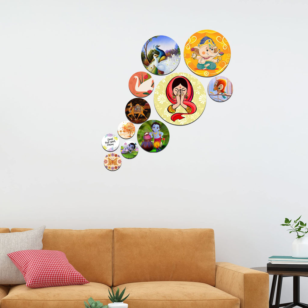 Artvibes Bal Ganesha & Little Krishna Round Shape MDF Wooden Wall Decor Items | Religious Decor | Graphic Artwork | Aesthetic Wooden Decor | Ethnic Wall Decor | Unique Gift Items (WPS_120N), Set of 11