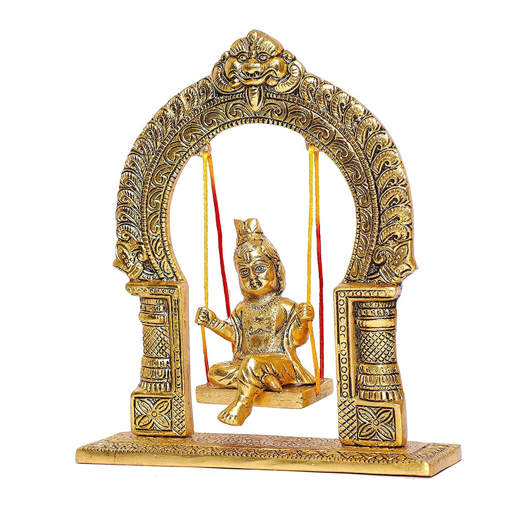 Prince Home Decor & Gifts Metal Bal Krishna Jhoola Showpiece for Gifting and Home Decor (Gold, 9 inches)
